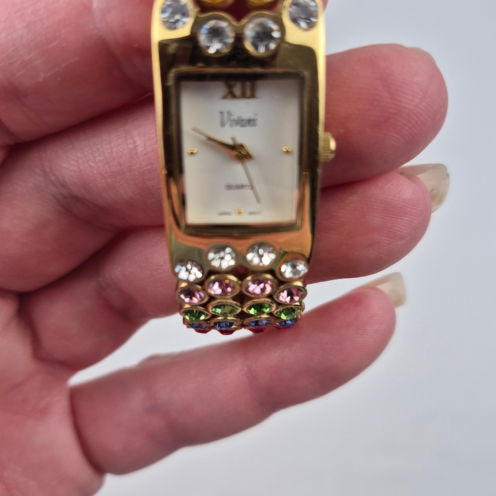 Vivani Rhinestone Cuff Watch Gold Tone Multicolor Japan Movt Vtg Needs Battery - Picture 8 of 11